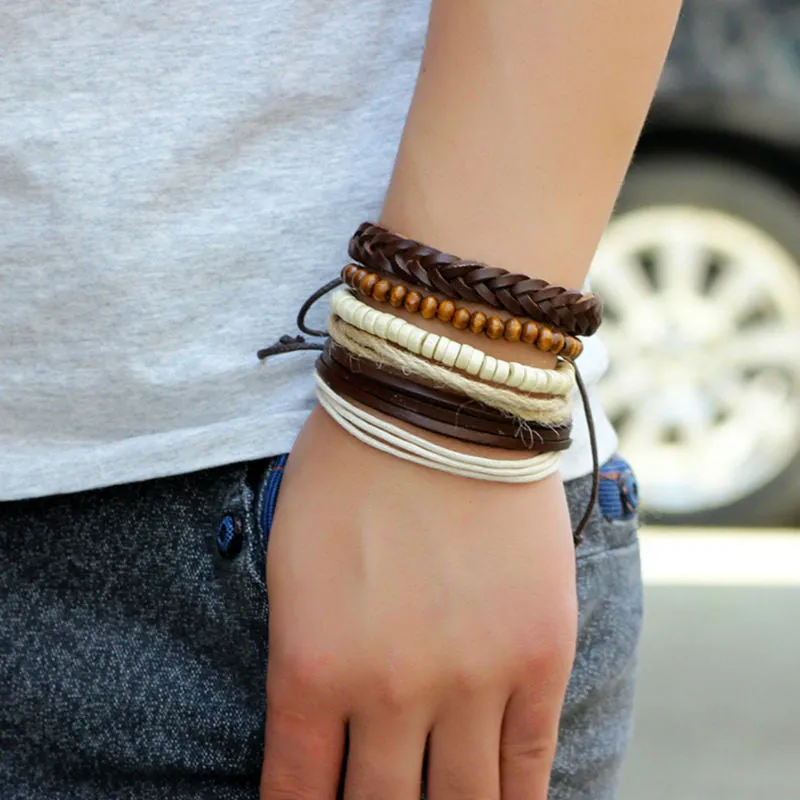 Fashion accessories Rope Wood Bead Leather Bracelets & bangles 1 Sets Multilayer Braided Wristband Bracelet Men pulse