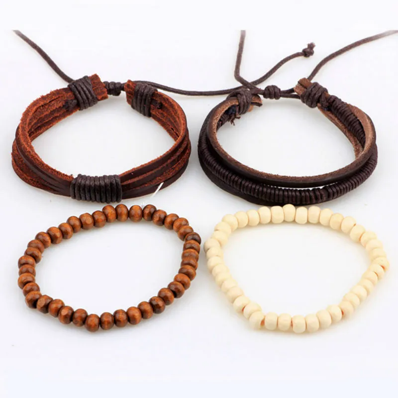 Fashion accessories Rope Wood Bead Leather Bracelets & bangles 1 Sets Multilayer Braided Wristband Bracelet Men pulse