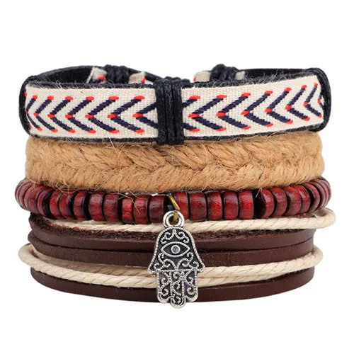 Fashion accessories Rope Wood Bead Leather Bracelets & bangles 1 Sets Multilayer Braided Wristband Bracelet Men pulse