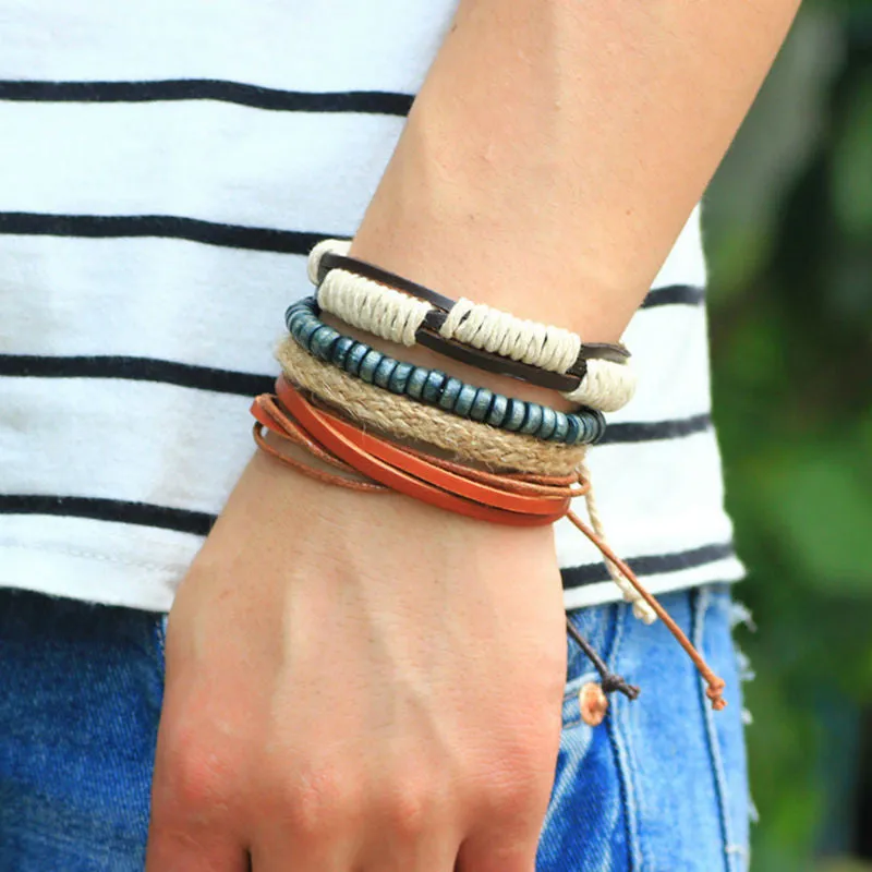 Fashion accessories Rope Wood Bead Leather Bracelets & bangles 1 Sets Multilayer Braided Wristband Bracelet Men pulse