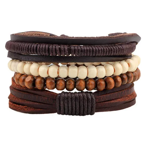 Fashion accessories Rope Wood Bead Leather Bracelets & bangles 1 Sets Multilayer Braided Wristband Bracelet Men pulse