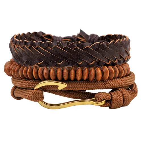 Fashion accessories Rope Wood Bead Leather Bracelets & bangles 1 Sets Multilayer Braided Wristband Bracelet Men pulse