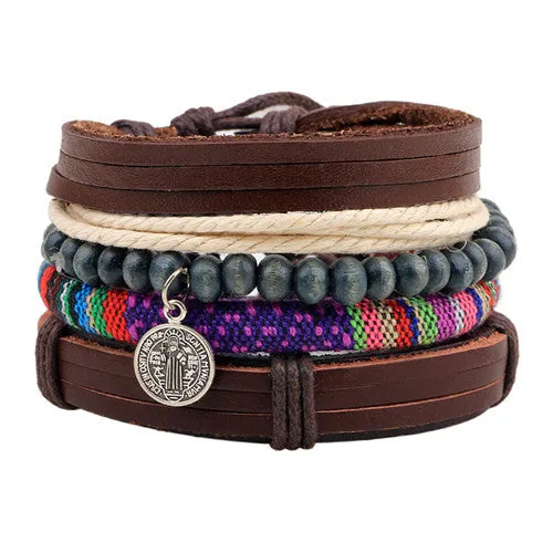 Fashion accessories Rope Wood Bead Leather Bracelets & bangles 1 Sets Multilayer Braided Wristband Bracelet Men pulse