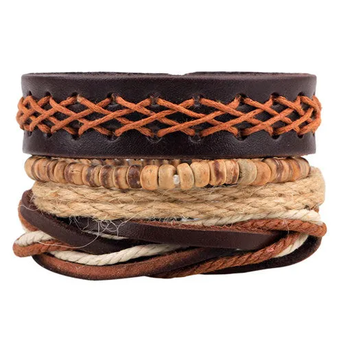 Fashion accessories Rope Wood Bead Leather Bracelets & bangles 1 Sets Multilayer Braided Wristband Bracelet Men pulse