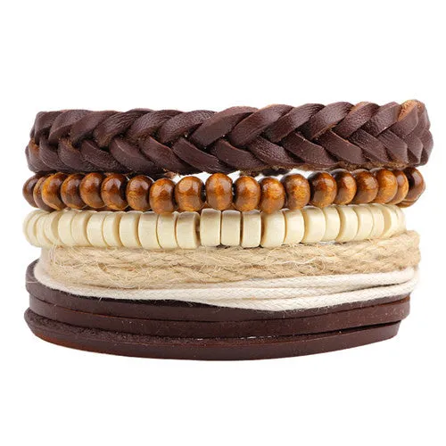 Fashion accessories Rope Wood Bead Leather Bracelets & bangles 1 Sets Multilayer Braided Wristband Bracelet Men pulse