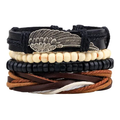 Fashion accessories Rope Wood Bead Leather Bracelets & bangles 1 Sets Multilayer Braided Wristband Bracelet Men pulse