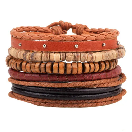 Fashion accessories Rope Wood Bead Leather Bracelets & bangles 1 Sets Multilayer Braided Wristband Bracelet Men pulse