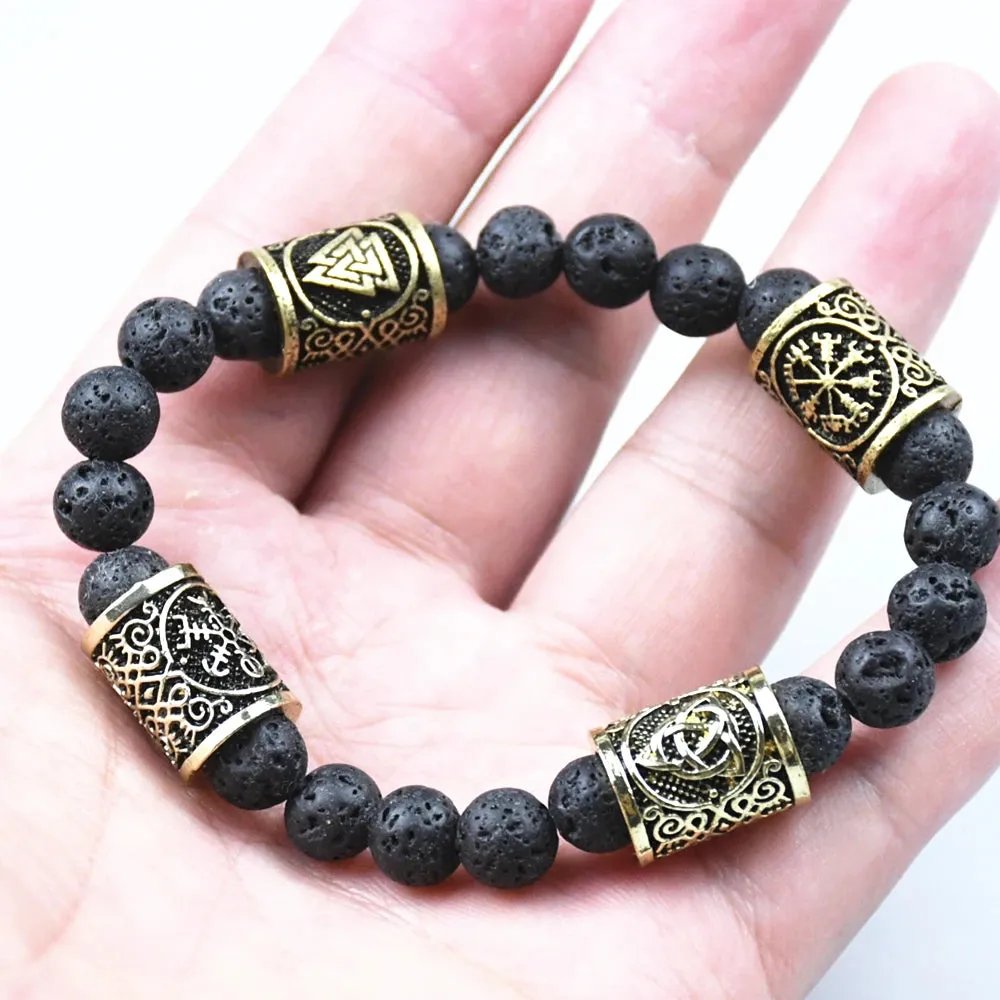 Fashion Charm Beads Bracelet Vintage Volcano Lava Stone Beads Runes Beads Men Bracelet Viking Rune Bracelet Jewelry Women Gift