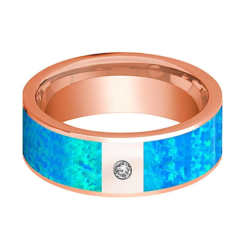 Flat Polished 14k Rose Gold Men's Wedding Band with Blue Opal Inlay and Diamond in Center - 8MM