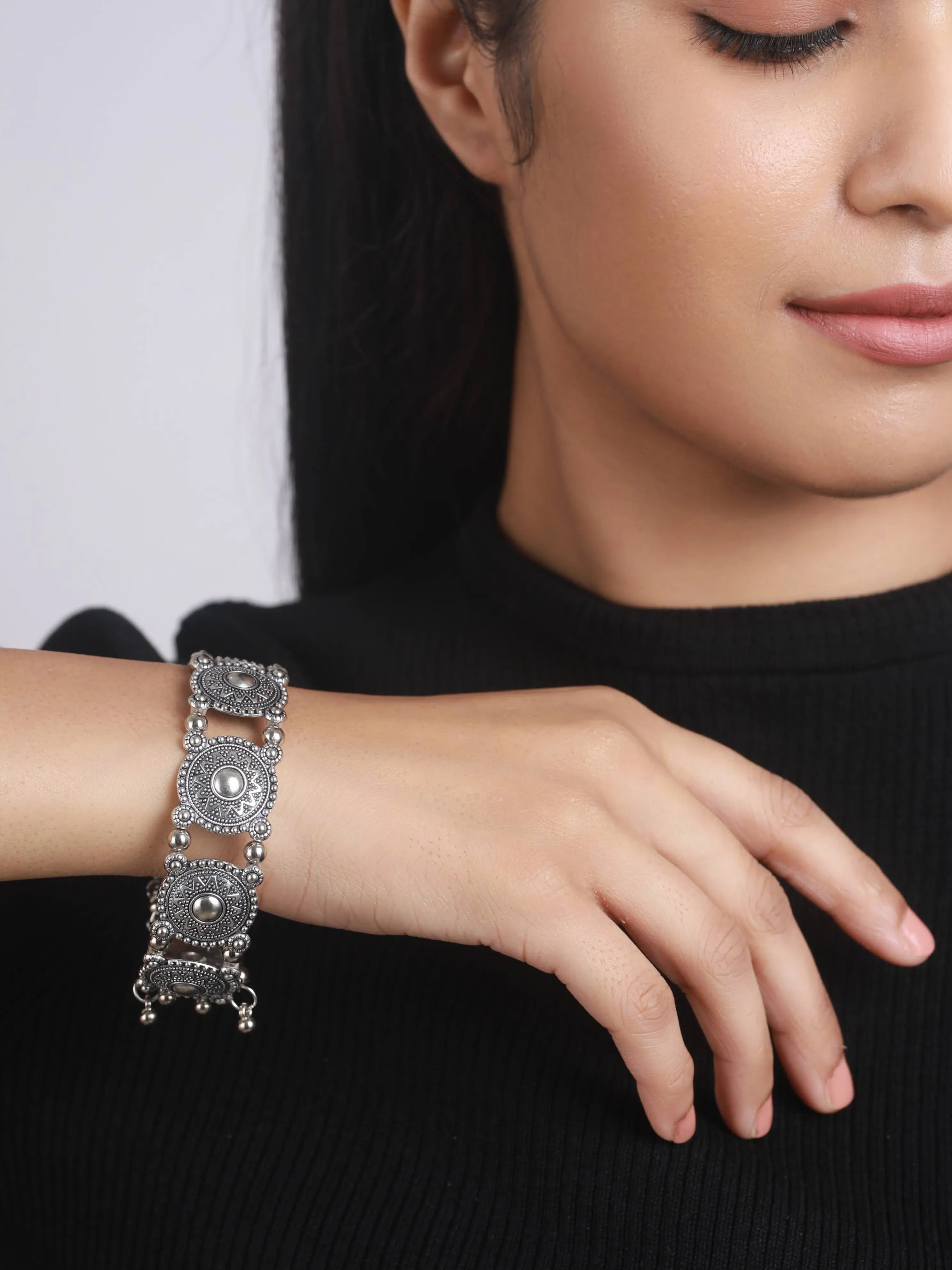 Floral Design & Filigree Work Oxidised Silver Plated Handcrafted Tribal Bracelet