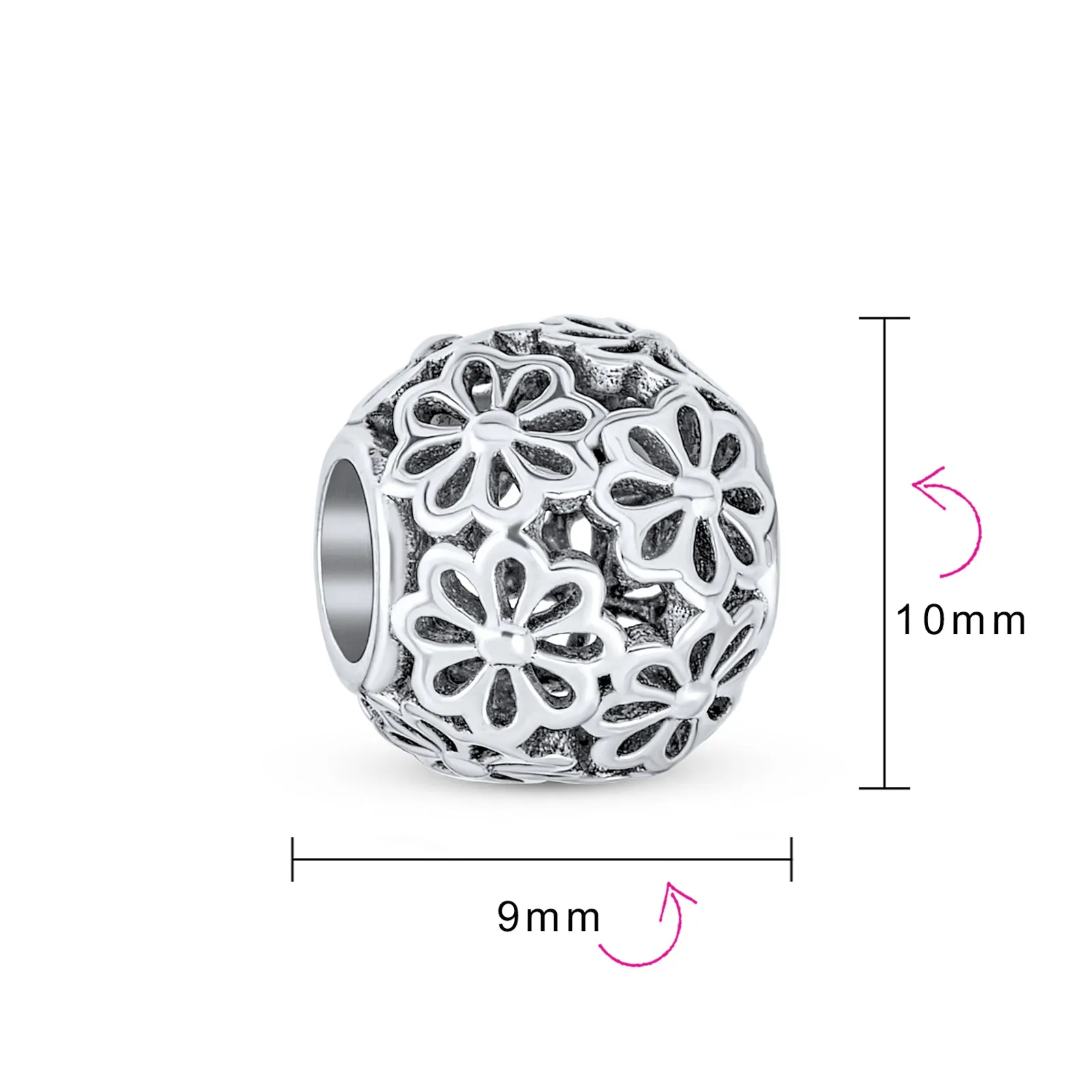 Floral Filigree Flower Charm Bead Sterling Silver for European Bracelet