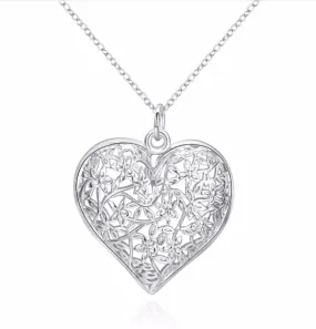 Flowering Scroll Design Puffed Heart Silver Necklace for Woman