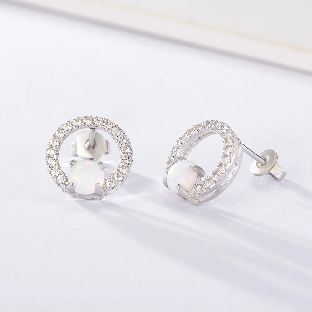 Four Prongs Opal Jewelry with Zircon Circle Silver Studs Earrings for Women