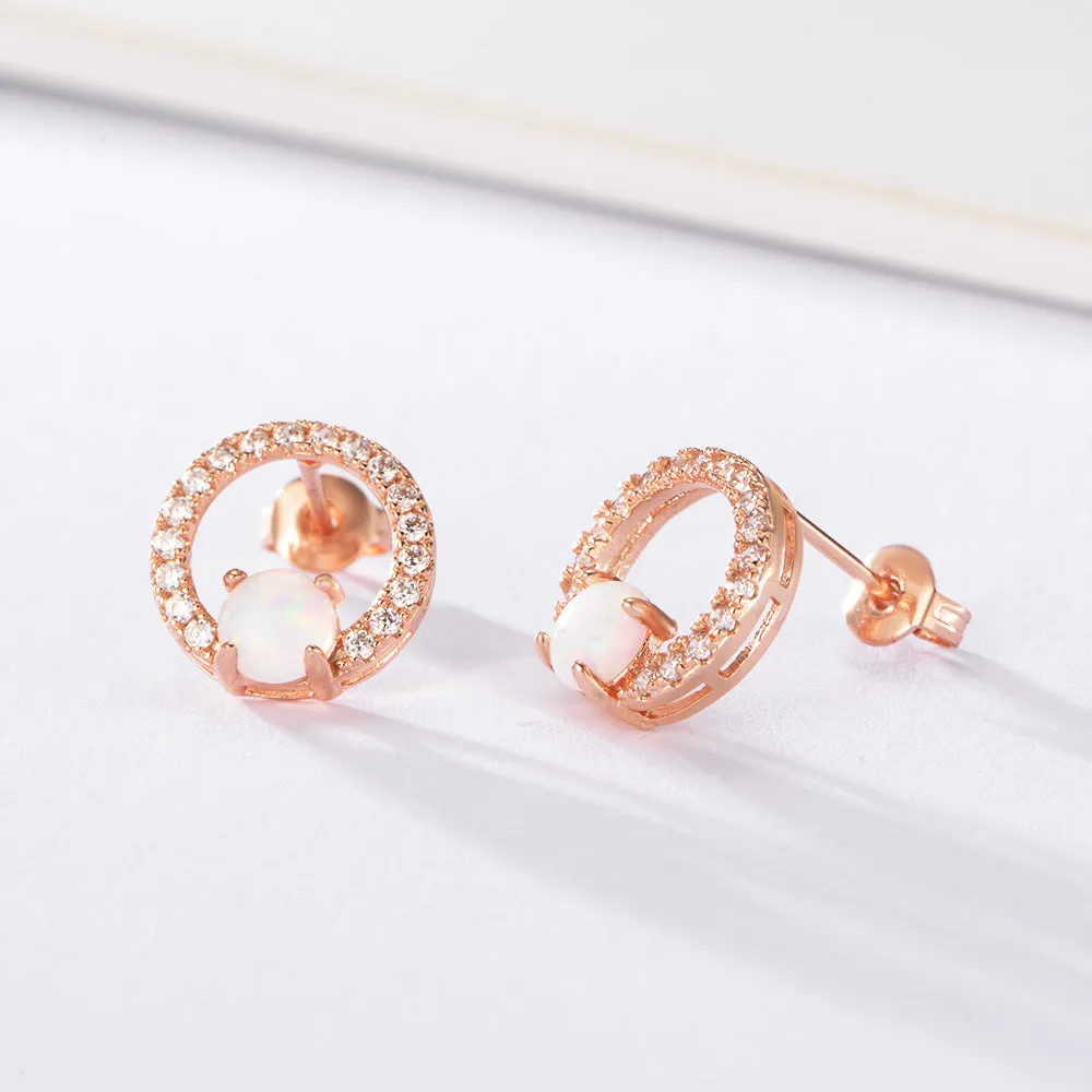 Four Prongs Opal Jewelry with Zircon Circle Silver Studs Earrings for Women