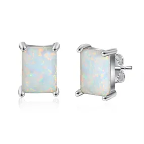 Four Prongs Rectangle Opal Sterling Silver Stud Earrings