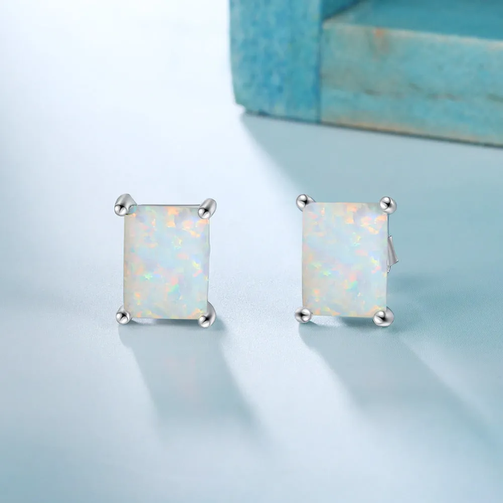 Four Prongs Rectangle Opal Sterling Silver Stud Earrings