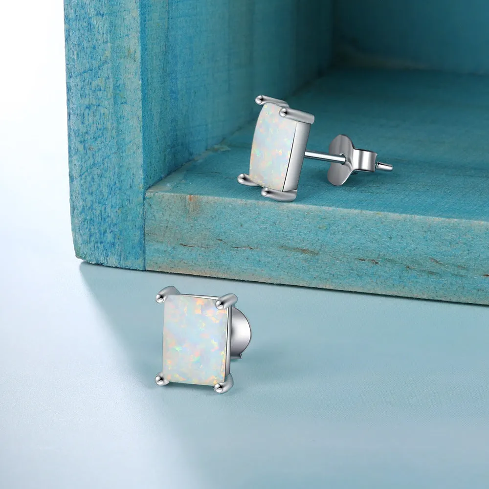 Four Prongs Rectangle Opal Sterling Silver Stud Earrings