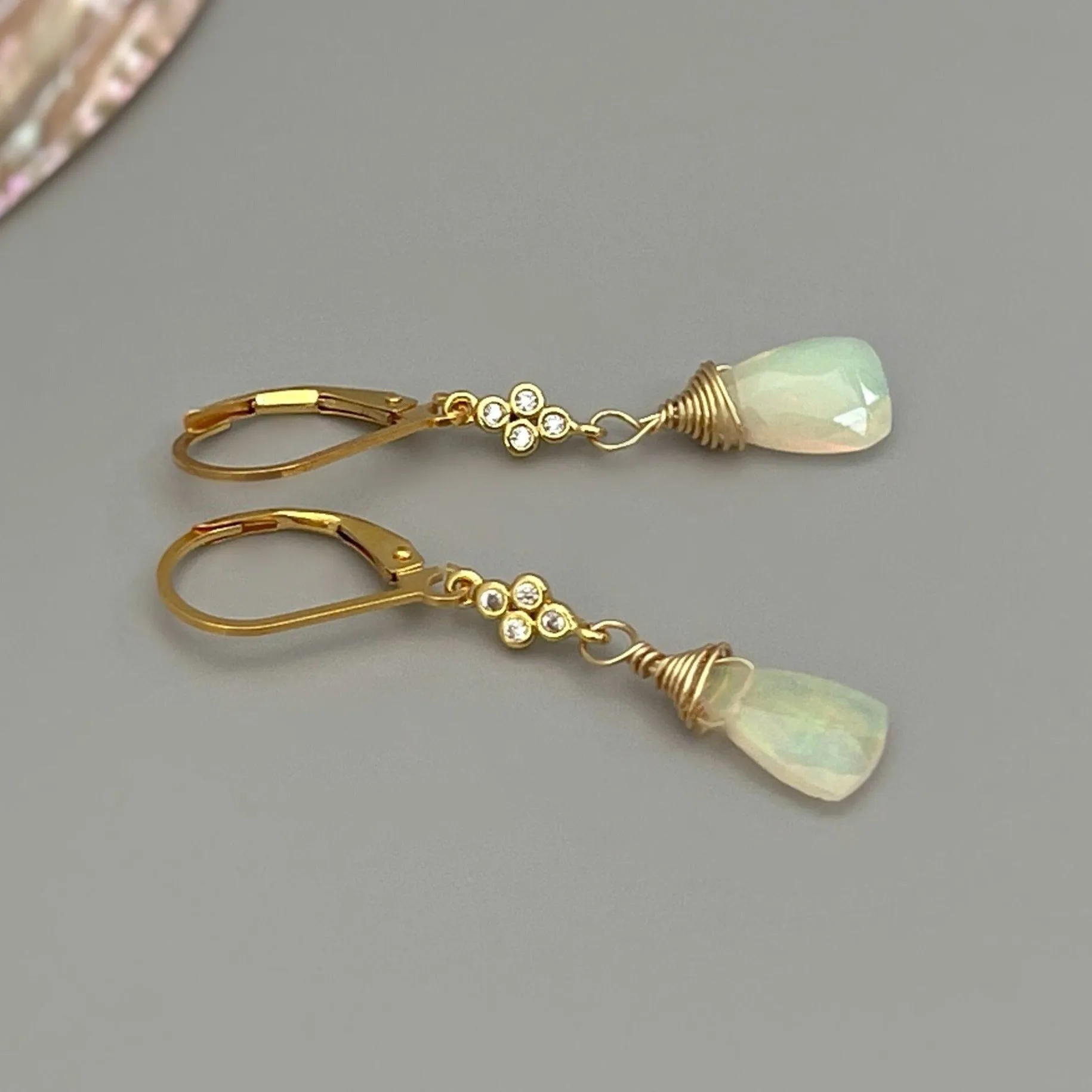 Genuine Opal earrings dangle, 14k Gold, Rose Gold, Sterling Silver with crystals