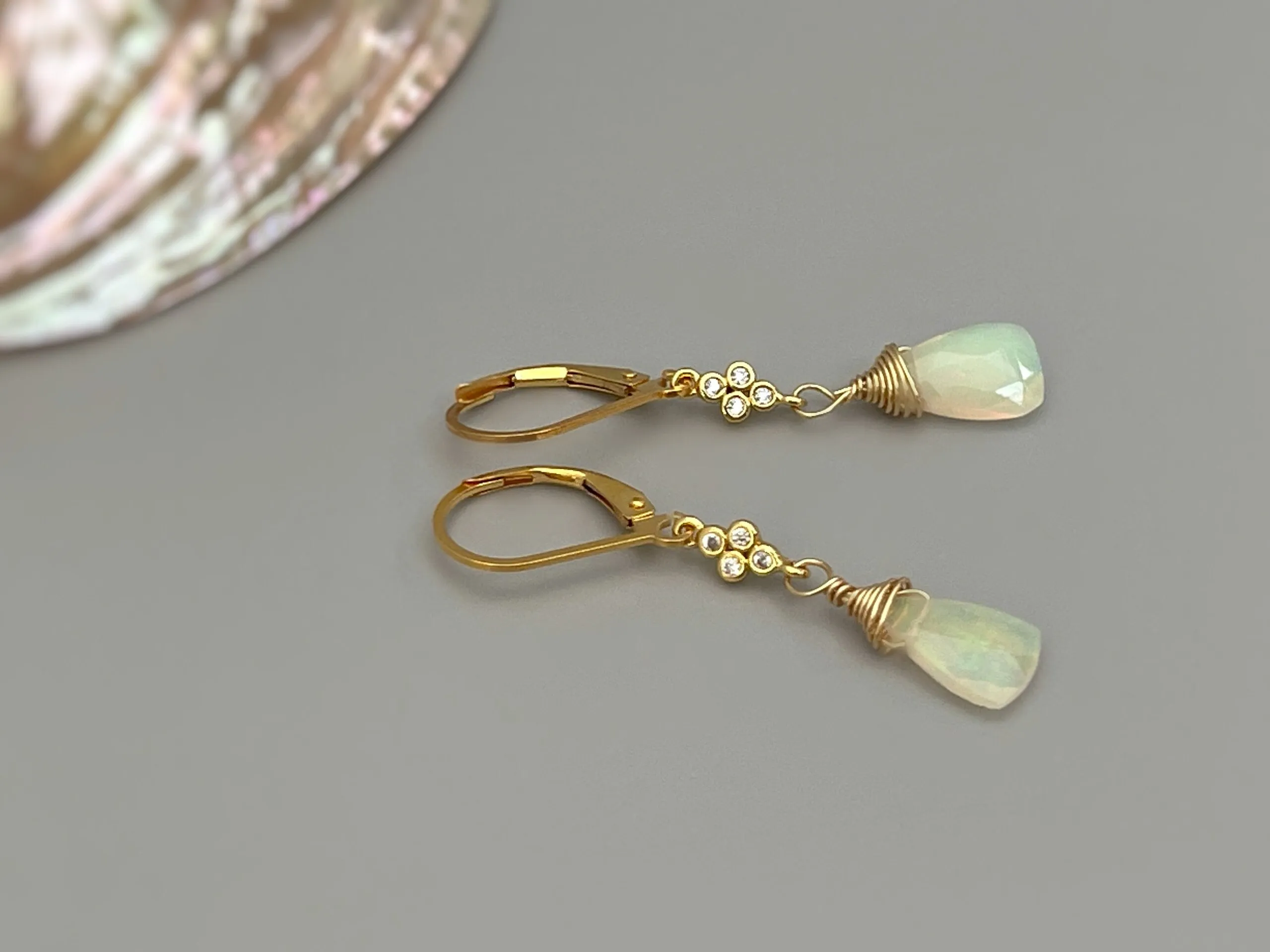 Genuine Opal earrings dangle, 14k Gold, Rose Gold, Sterling Silver with crystals