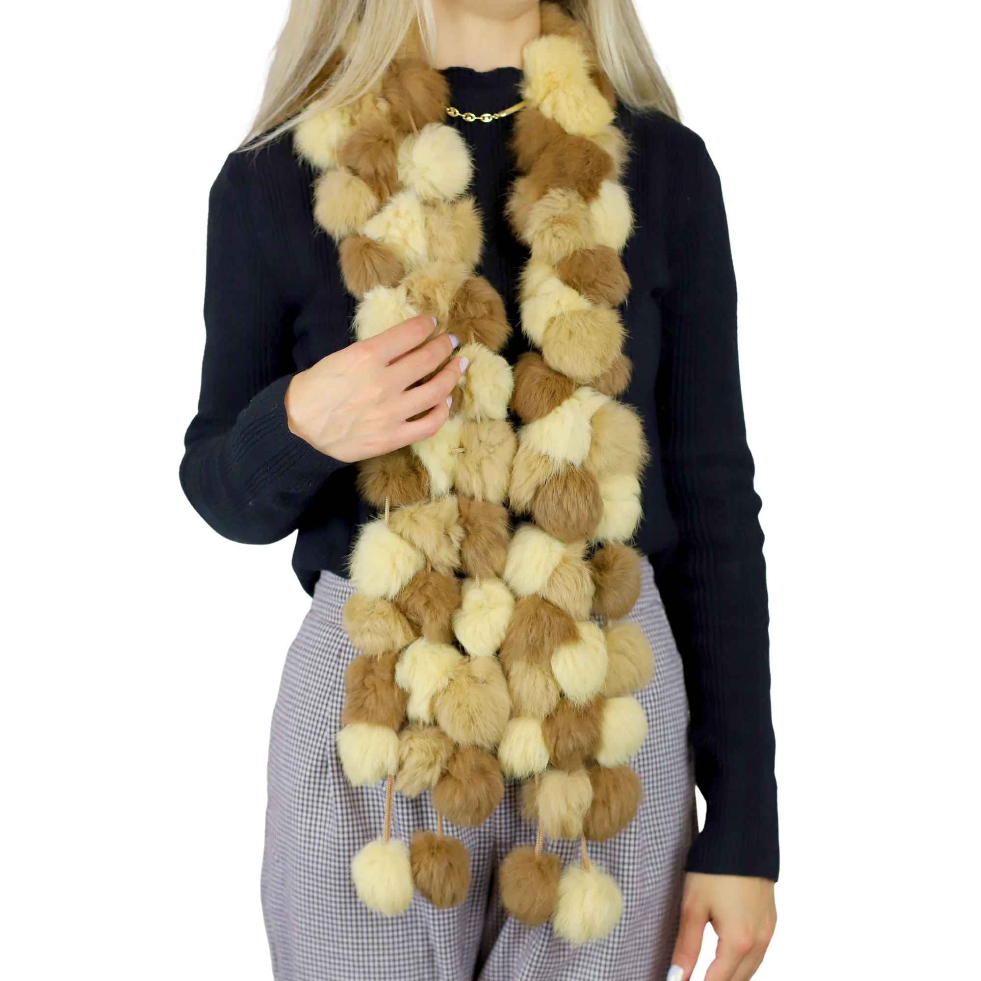 Genuine Rabbit Pom Pom Scarf - Ivory/Camel