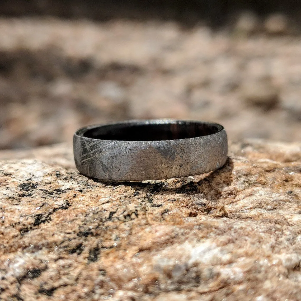 Gibeon Meteorite Wedding Band with Arizona Ironwood Sleeve - 7mm Authentic Genuine Gibeon Meteorite