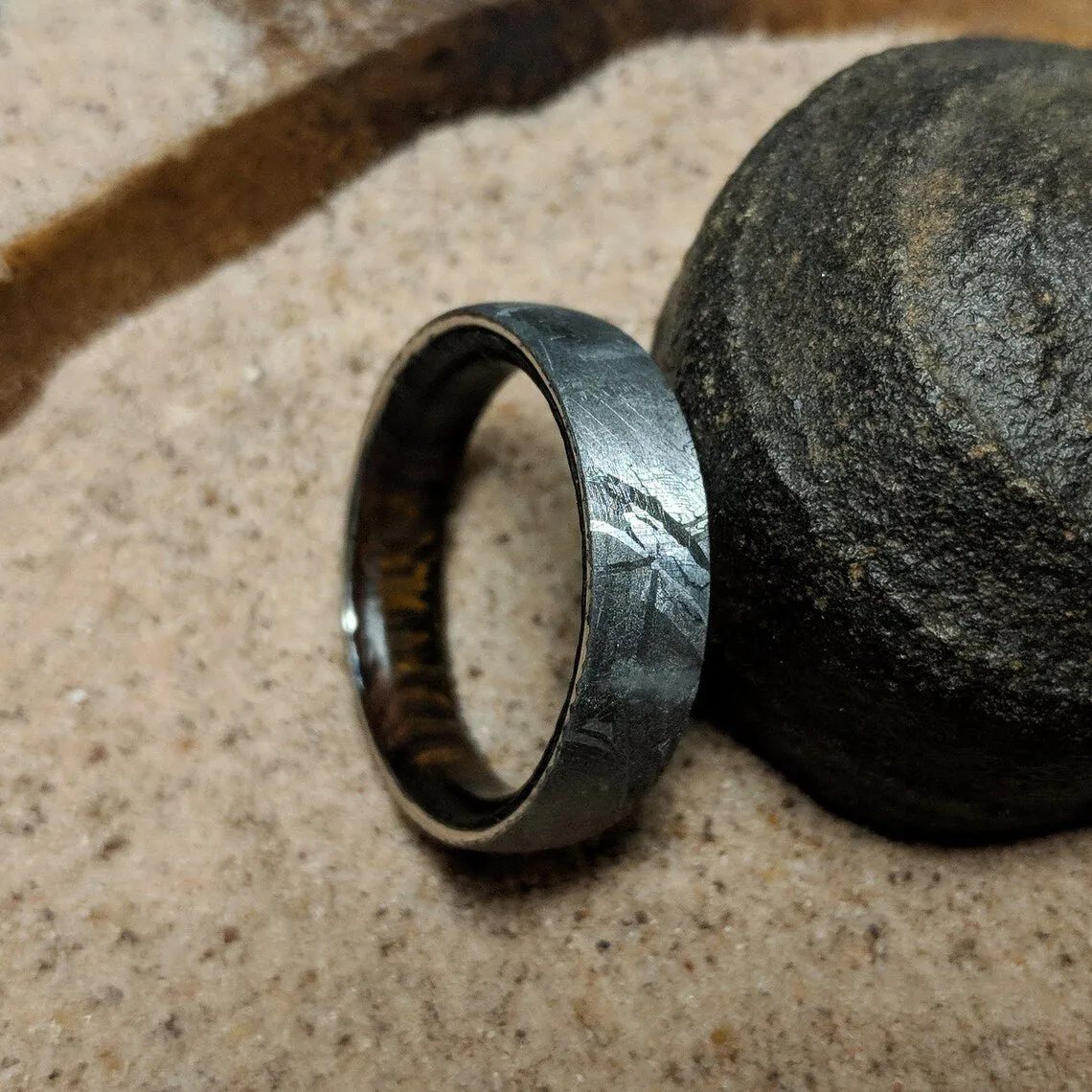 Gibeon Meteorite Wedding Band with Arizona Ironwood Sleeve - 7mm Authentic Genuine Gibeon Meteorite