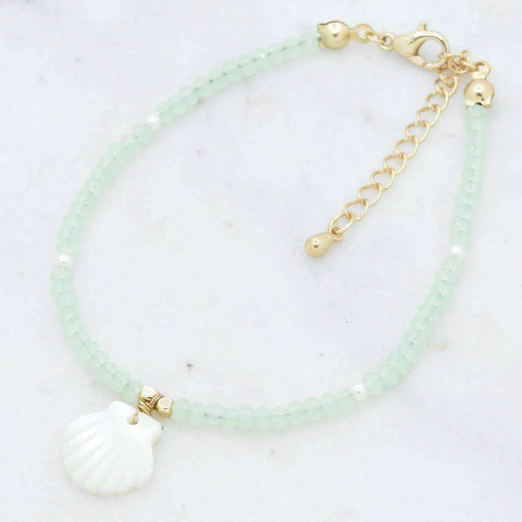 Glass Bead Mother Of Pearl Shell Adjustable Bracelet - Mint