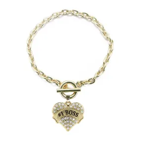 Gold #1 Boss Pave Heart Charm Toggle Bracelet