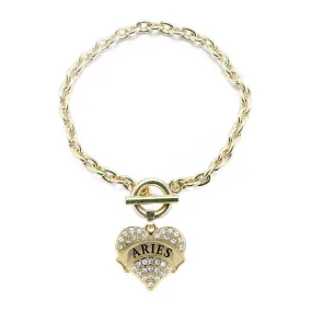 Gold Aries Zodiac Pave Heart Charm Toggle Bracelet