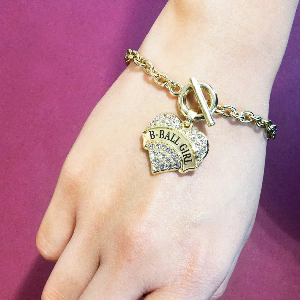 Gold BBall Girl Pave Heart Charm Toggle Bracelet