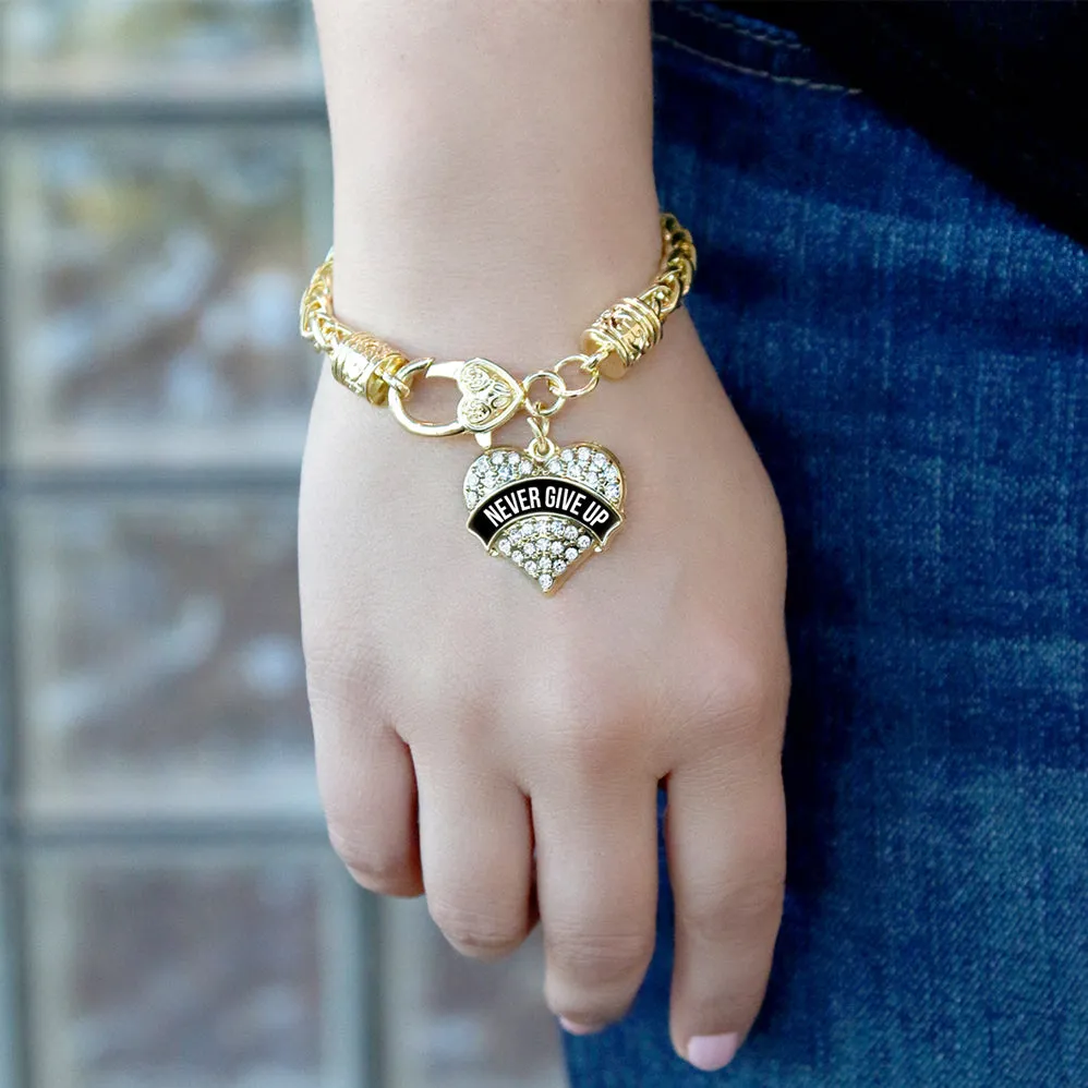 Gold Black Banner Never Give Up Pave Heart Charm Braided Bracelet