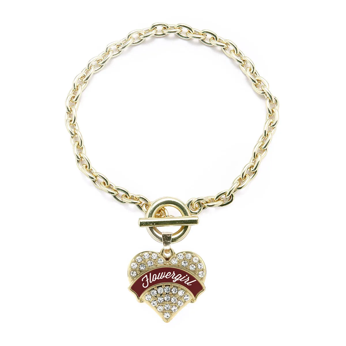 Gold Burgundy Flower Girl Pave Heart Charm Toggle Bracelet