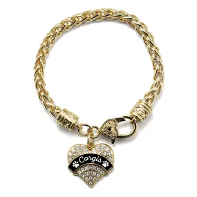 Gold Corgis - Paw Prints Pave Heart Charm Braided Bracelet