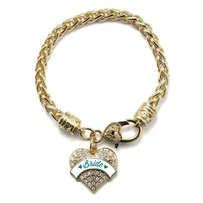 Gold Dark Teal Bride Pave Heart Charm Braided Bracelet