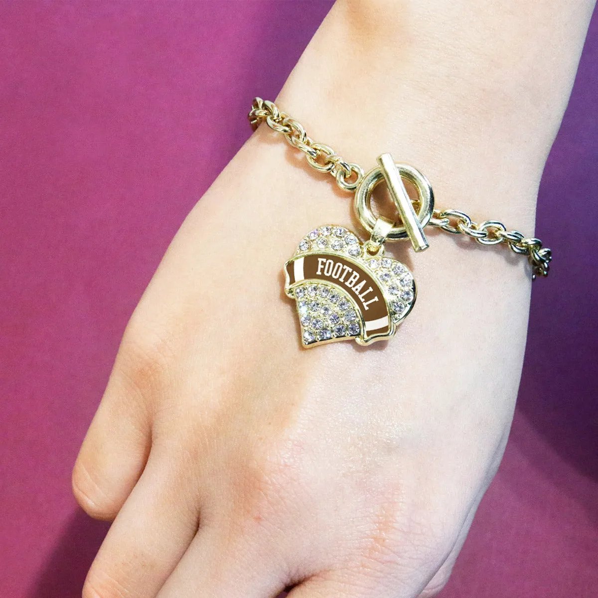 Gold Football Design Pave Heart Charm Toggle Bracelet