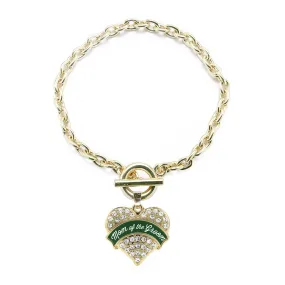 Gold Forest Green Mom of Groom Pave Heart Charm Toggle Bracelet