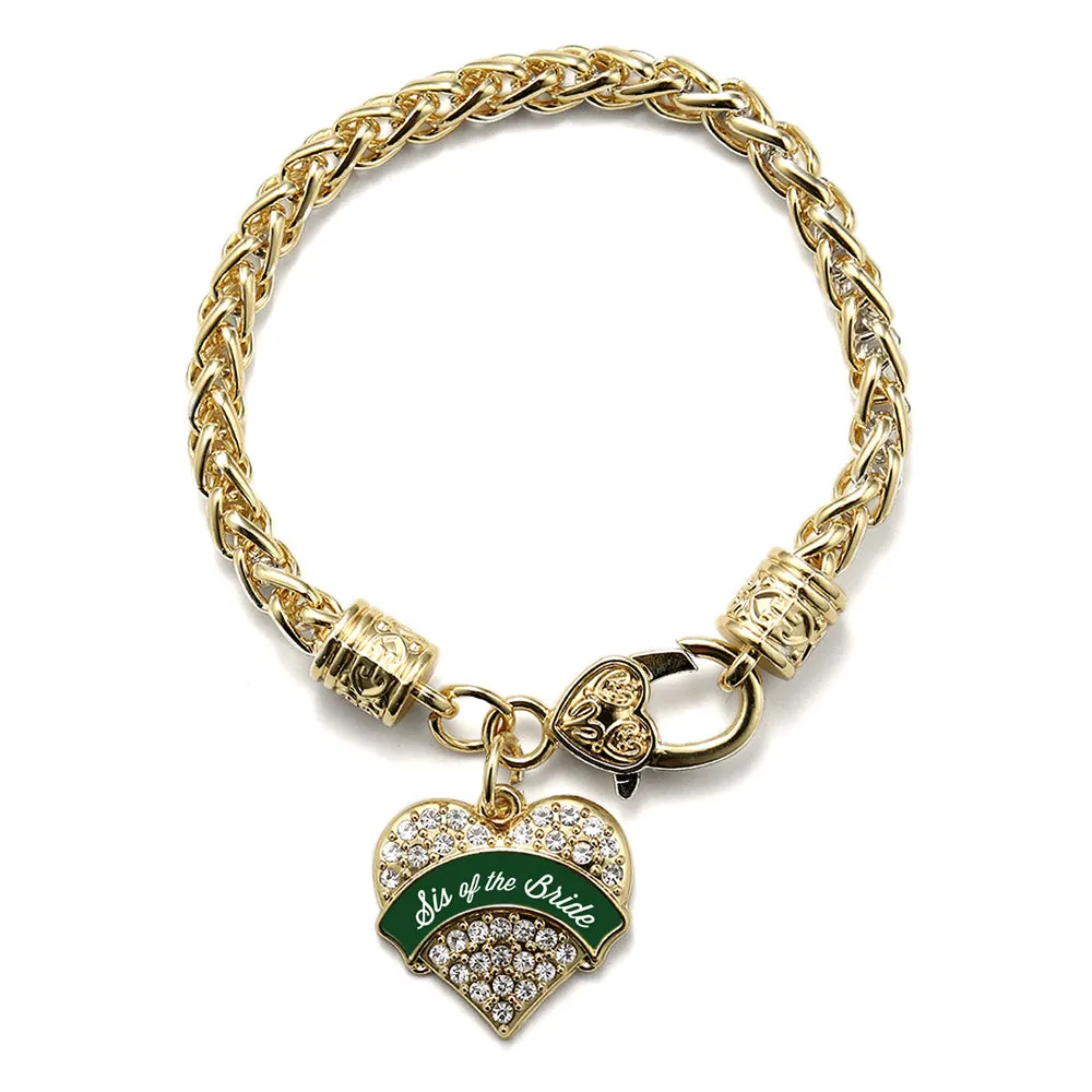 Gold Forest Green Sis of Bride Pave Heart Charm Braided Bracelet