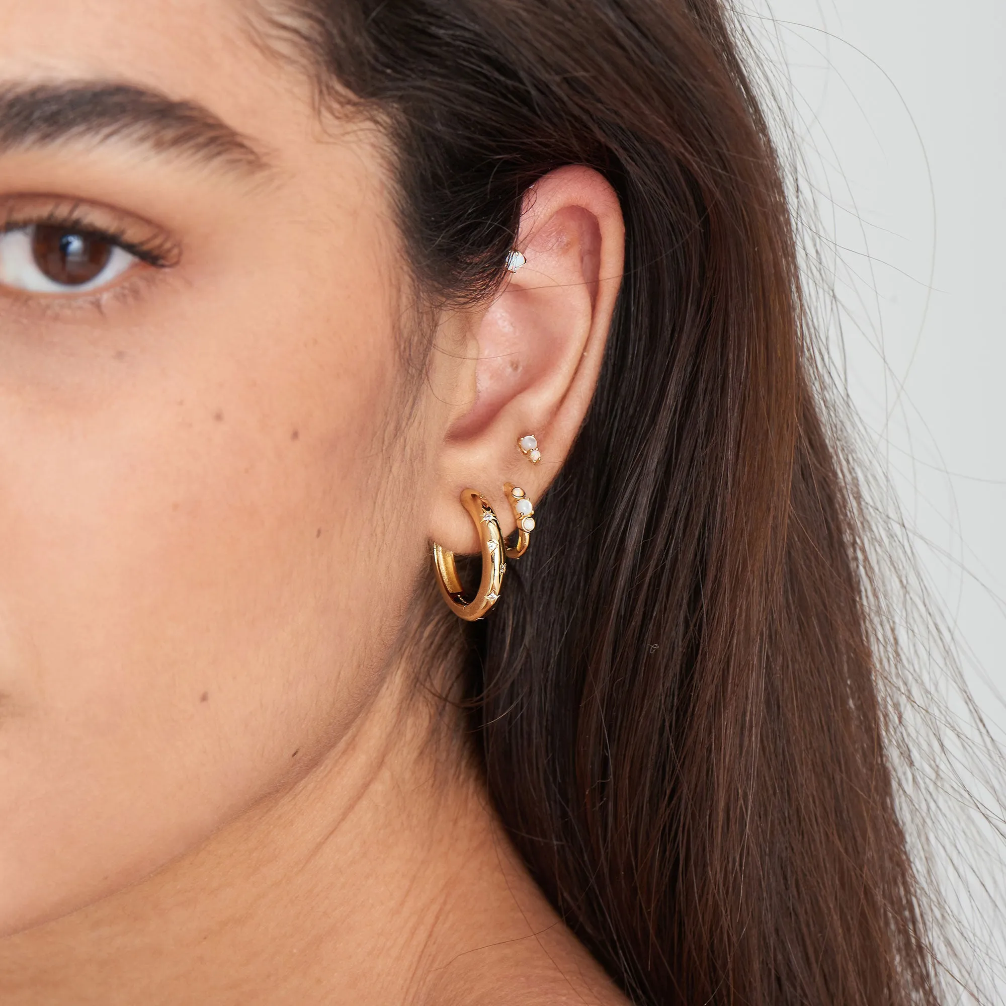 Gold Mother of Pearl and Kyoto Opal Huggie Hoop Earrings