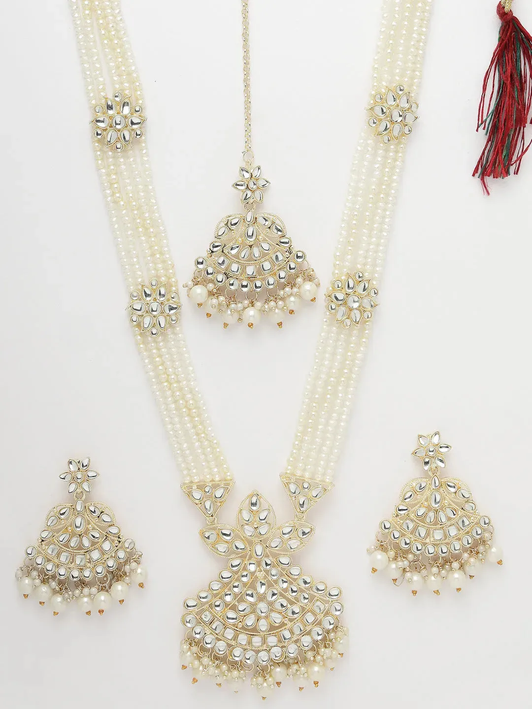 Gold-Plated Kundan Stone-Studded  Beaded Jewellery Set Necklace & Earrings and Maang Tika