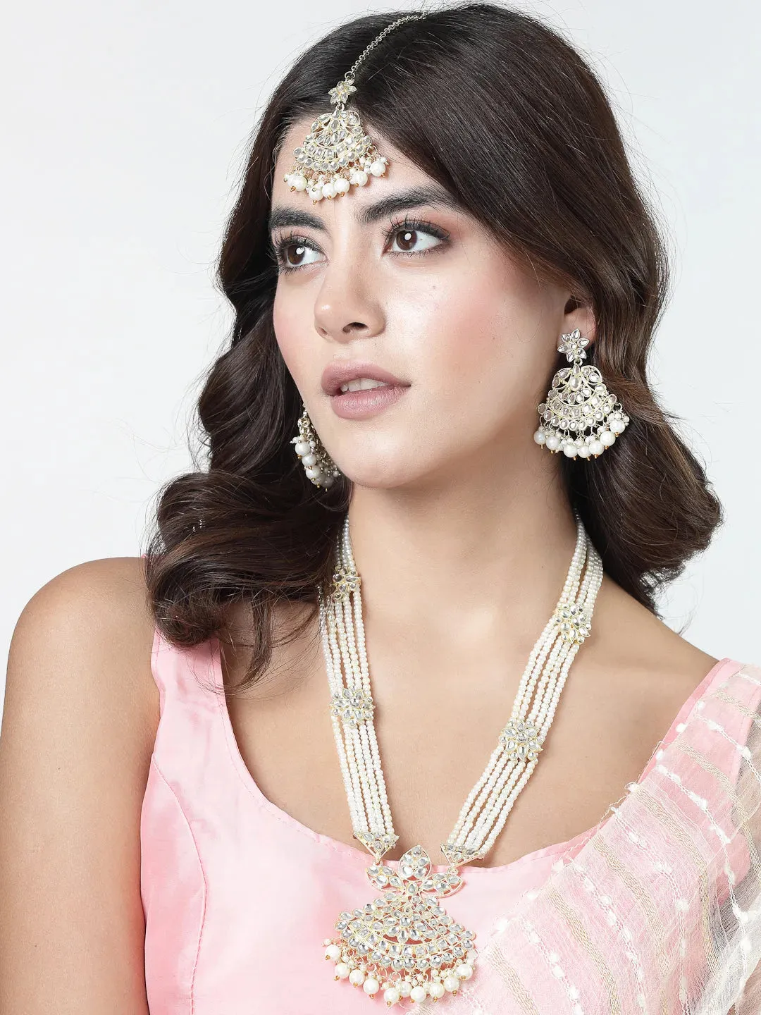 Gold-Plated Kundan Stone-Studded  Beaded Jewellery Set Necklace & Earrings and Maang Tika