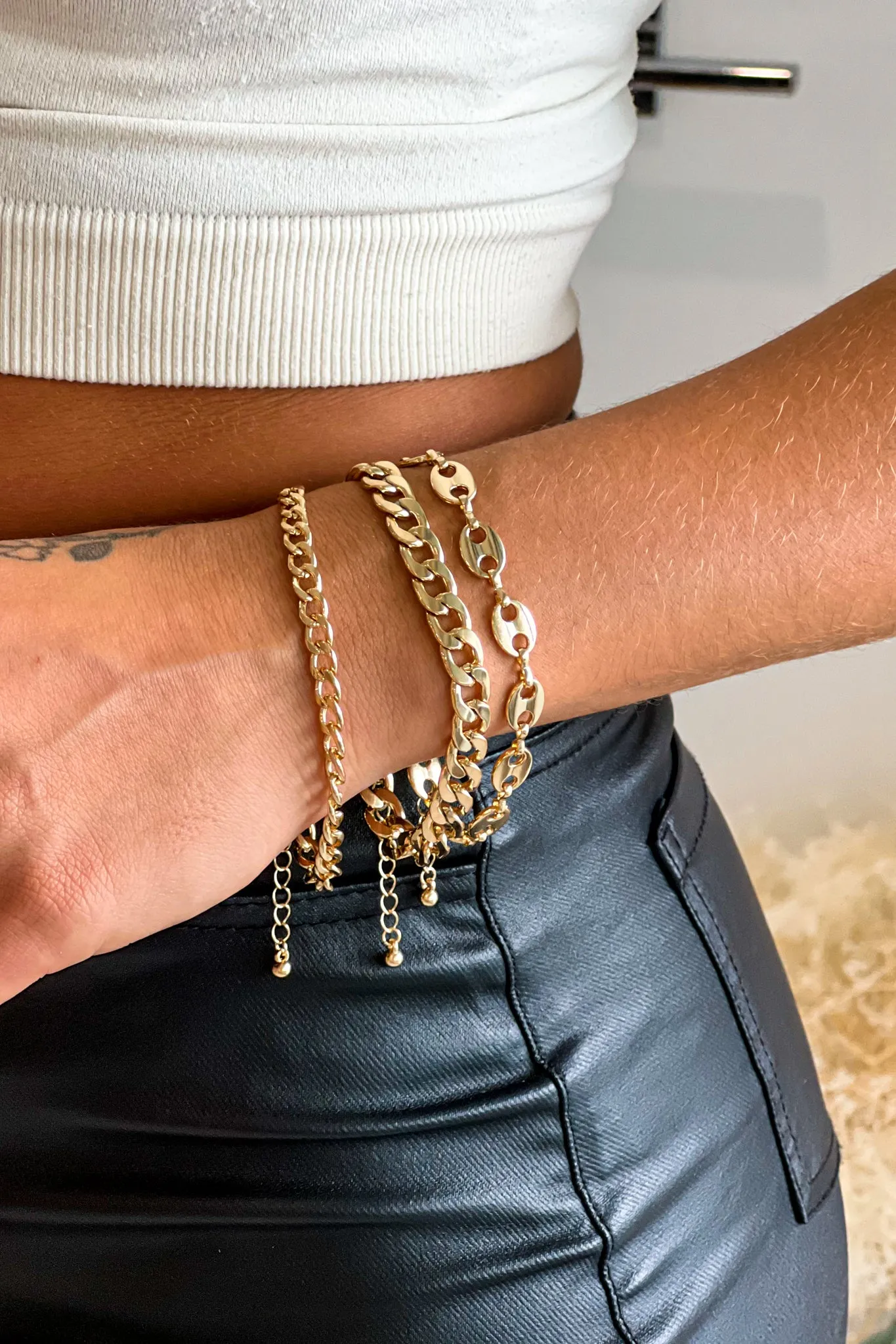 Gold Three Chunky Chain Bracelet Set