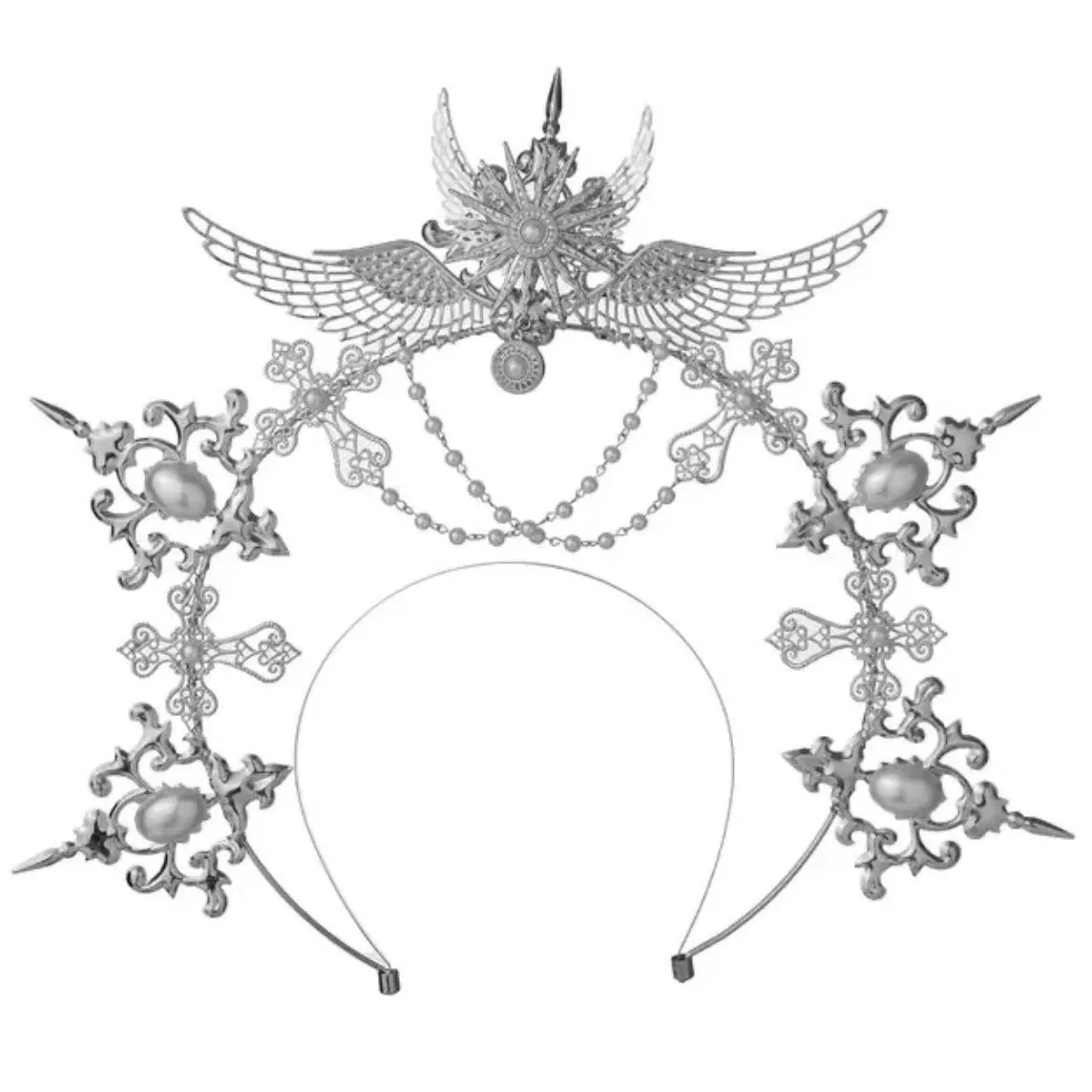 Gothic Goddess Spiked Halo Crown Festival Headdress Headband - Silver Angel with Pearl Chain