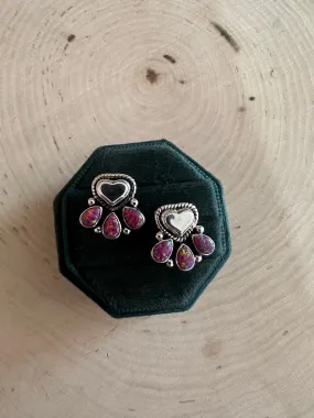 Handmade Dark Pink Fire Opal and Sterling Silver Heart Earrings