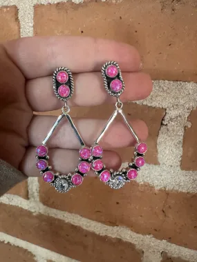 Handmade Hot Pink Fire Opal, CZ and Sterling Silver Handmade Dangles