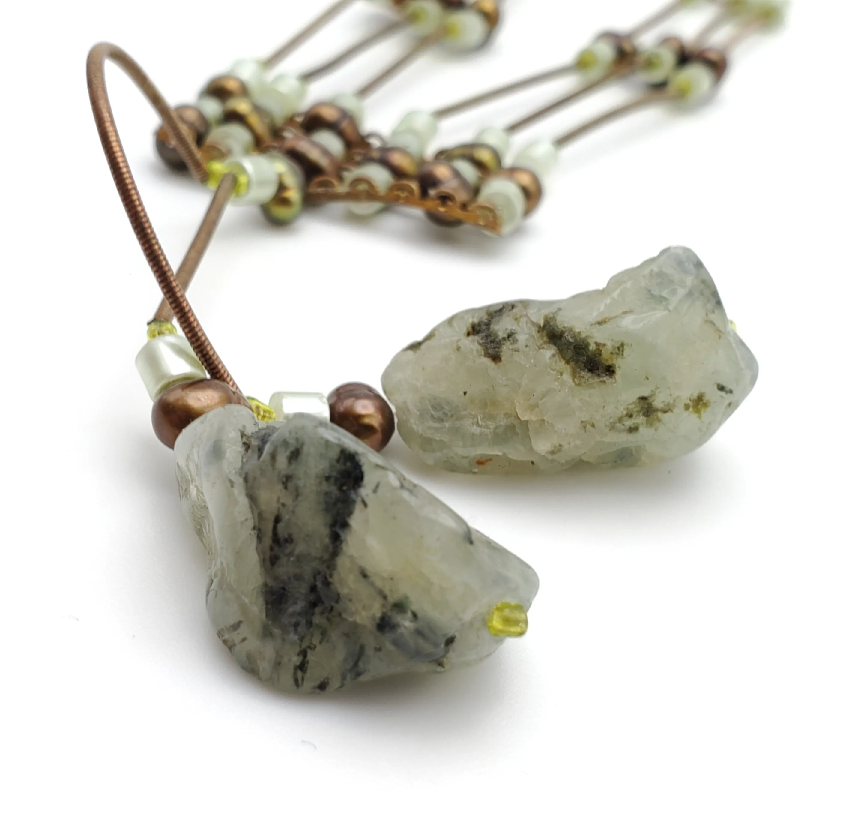 Handmade Prehnite with Epidote Drop Pendant Beaded with Pearls Necklace