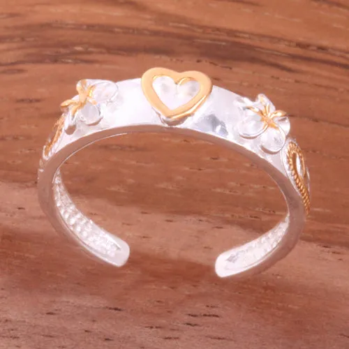 Hawaiian Scroll Yellow Gold Plated 6mm Plumeria and Heart Toe Ring