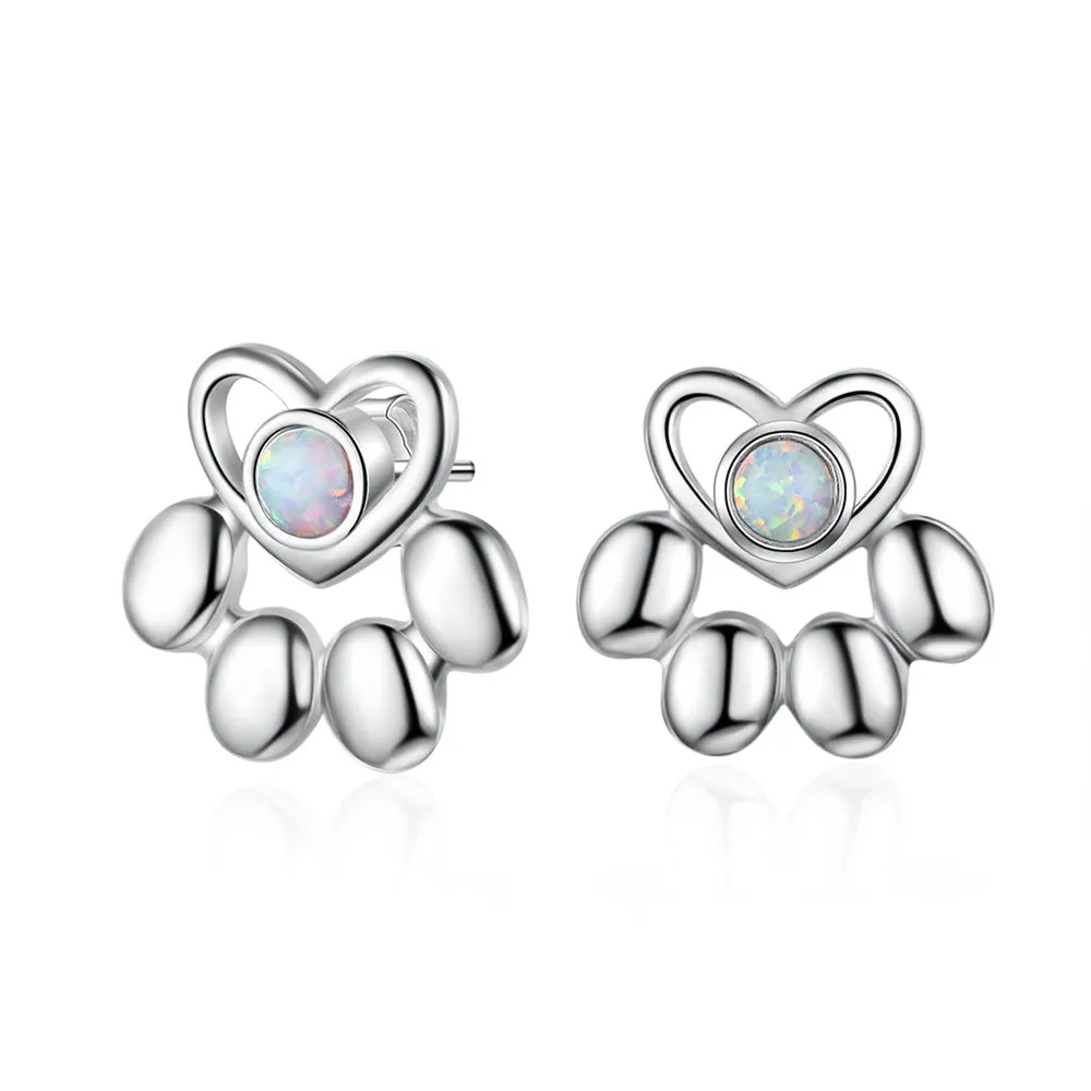 Heart Shape Little Bear Palm Round Opal Sterling Silver Stud Earrings