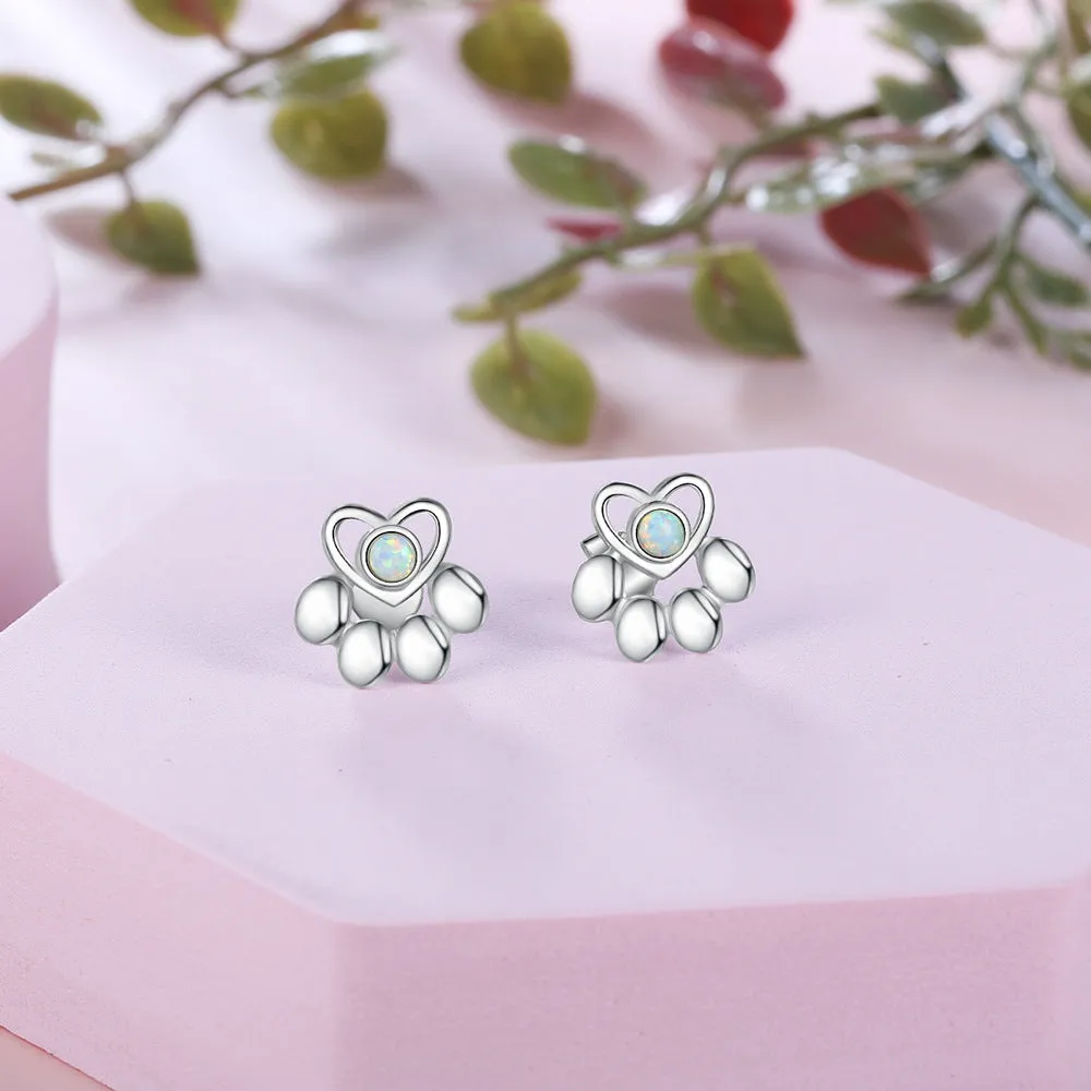 Heart Shape Little Bear Palm Round Opal Sterling Silver Stud Earrings