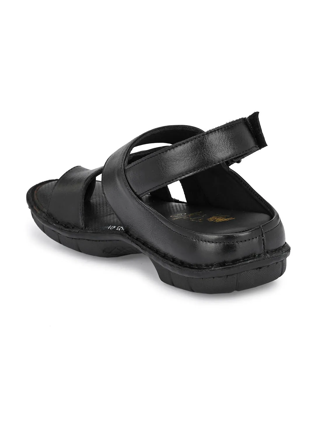 Hitz Men's Black Leather Toe Ring Comfort Sandals with Velcro Closure