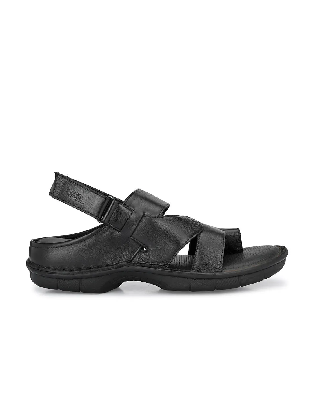 Hitz Men's Black Leather Toe Ring Comfort Sandals with Velcro Closure